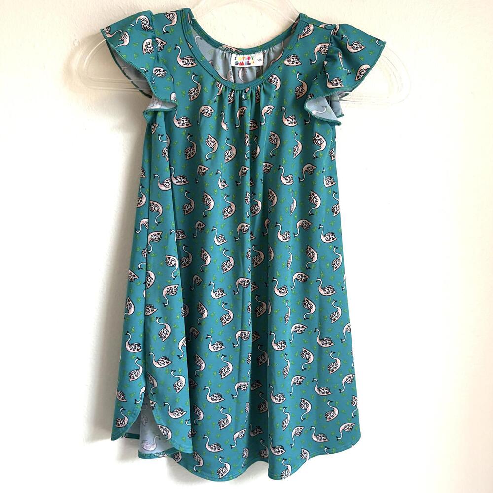 Dot Dot Smile | Girls Flutter Cap Sleeve Swing Dress Turquoise Pink Swan Sz 5/6